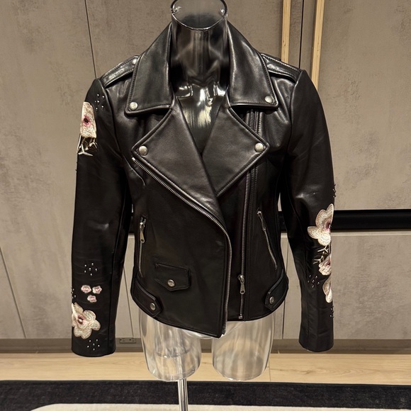 Rebecca Minkoff Jackets & Blazers - Rebecca Minkoff Black Leather Jacket with Embroidered Floral Accents